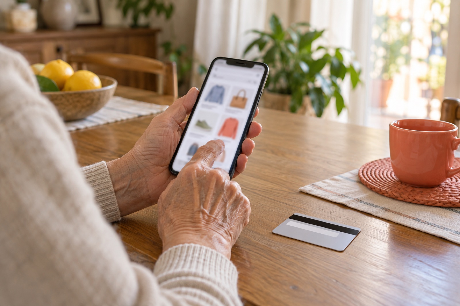 Mani che tengono uno smartphone con un’app di acquisti, accanto a una carta di pagamento coperta