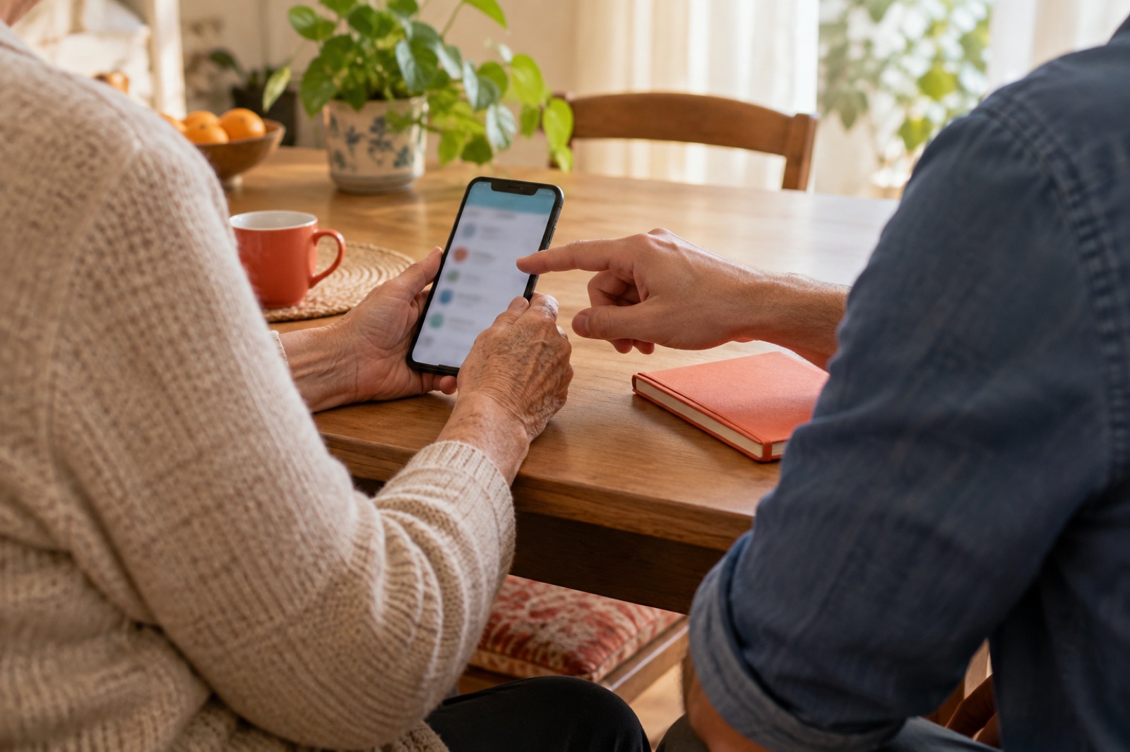 Mani che spiegano l’uso di uno smartphone a una persona anziana, al tavolo di casa