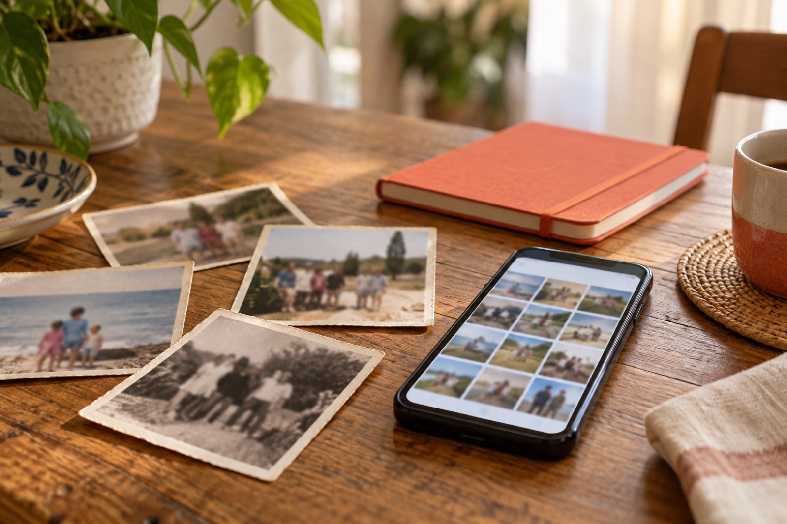 Uno smartphone che mostra una galleria di foto di famiglia, tenuto su un tavolo