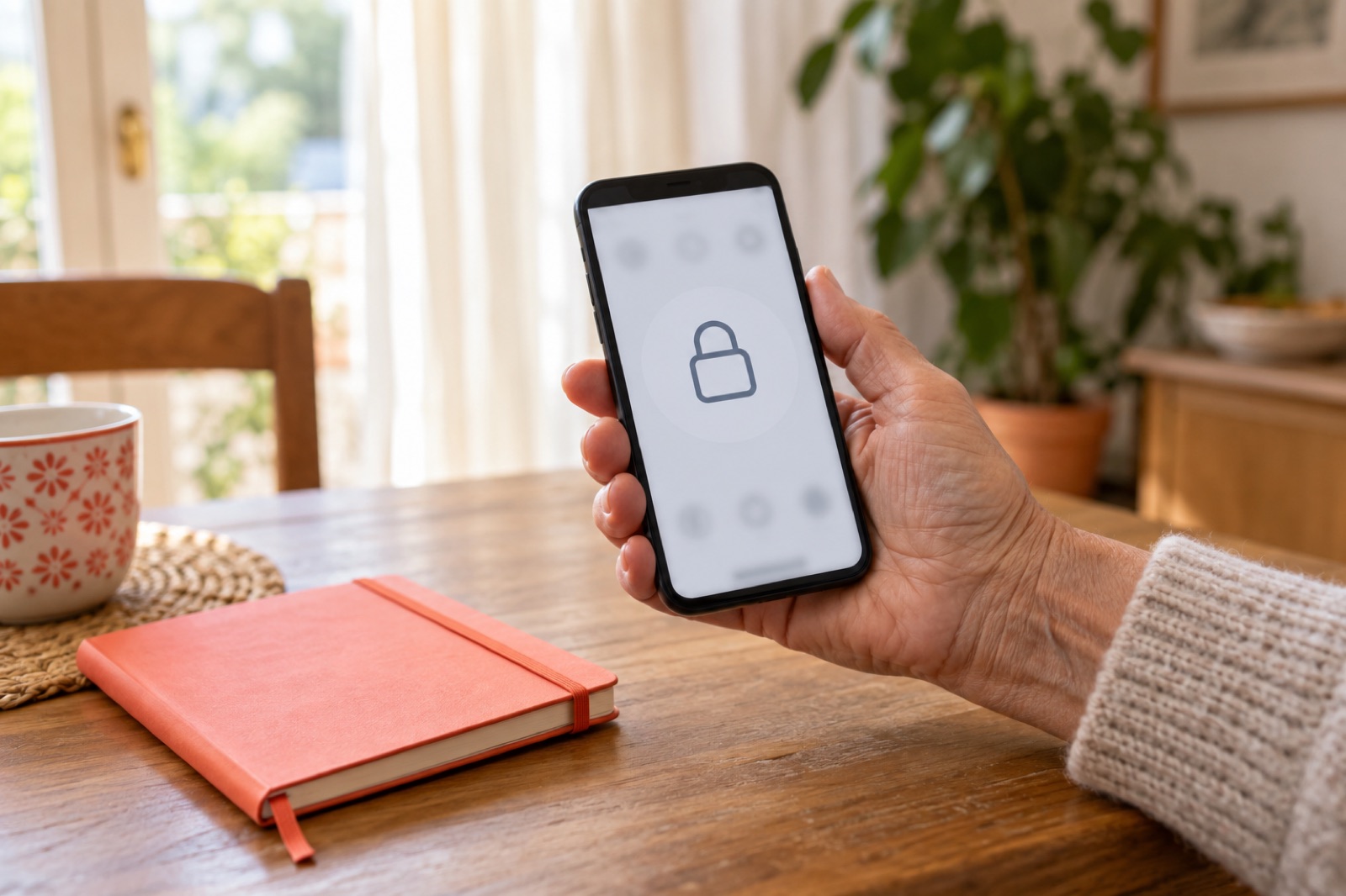 Uno smartphone con un lucchetto disegnato sullo schermo, tenuto in mano
