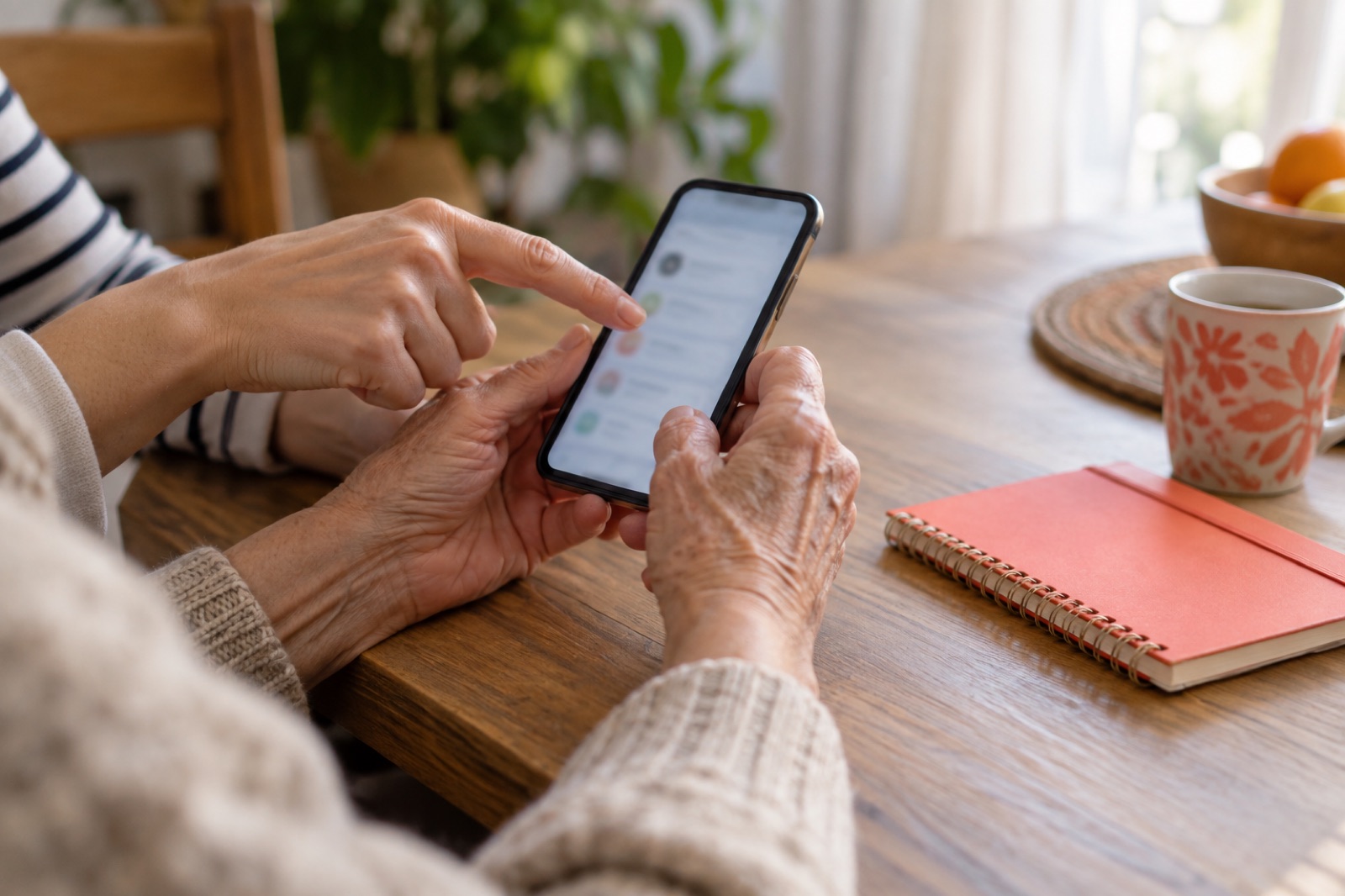 Mani di una persona anziana che tengono uno smartphone, mentre qualcuno indica lo schermo