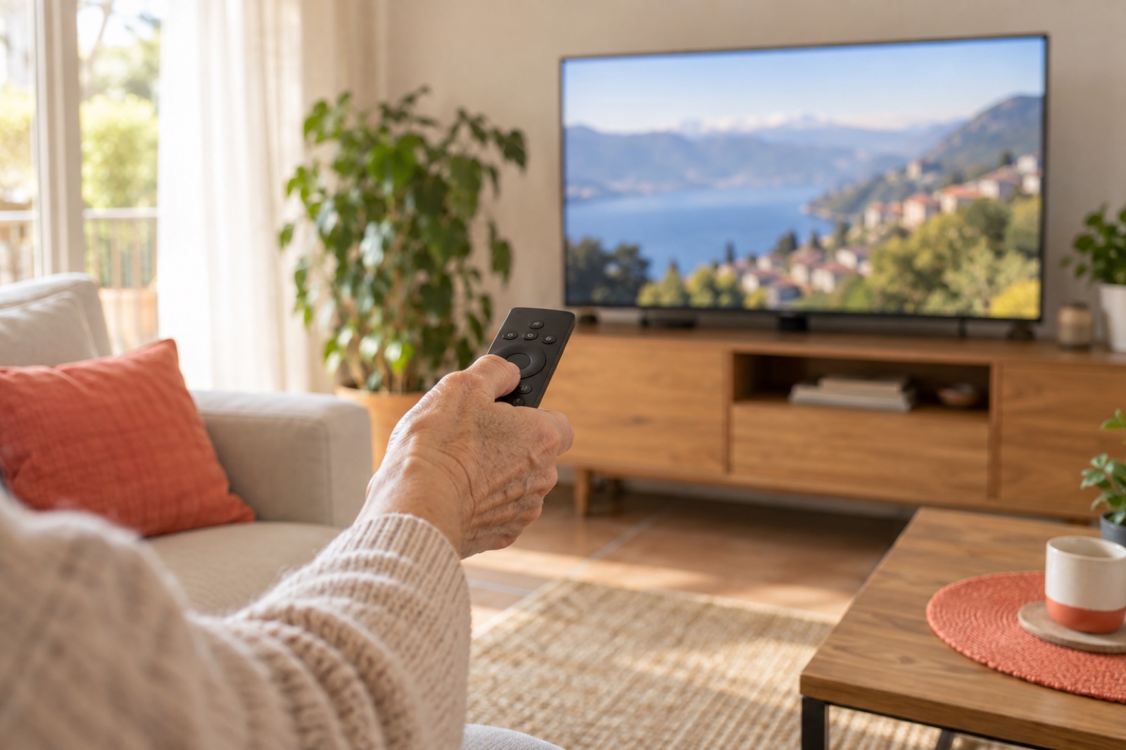 Un telecomando in mano davanti a una smart TV accesa in un soggiorno