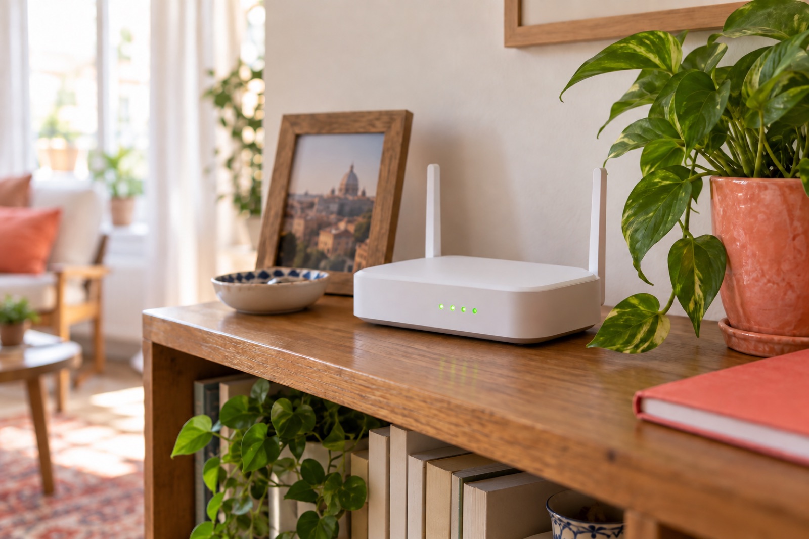 Un modem Wi-Fi con le luci accese su una mensola di casa